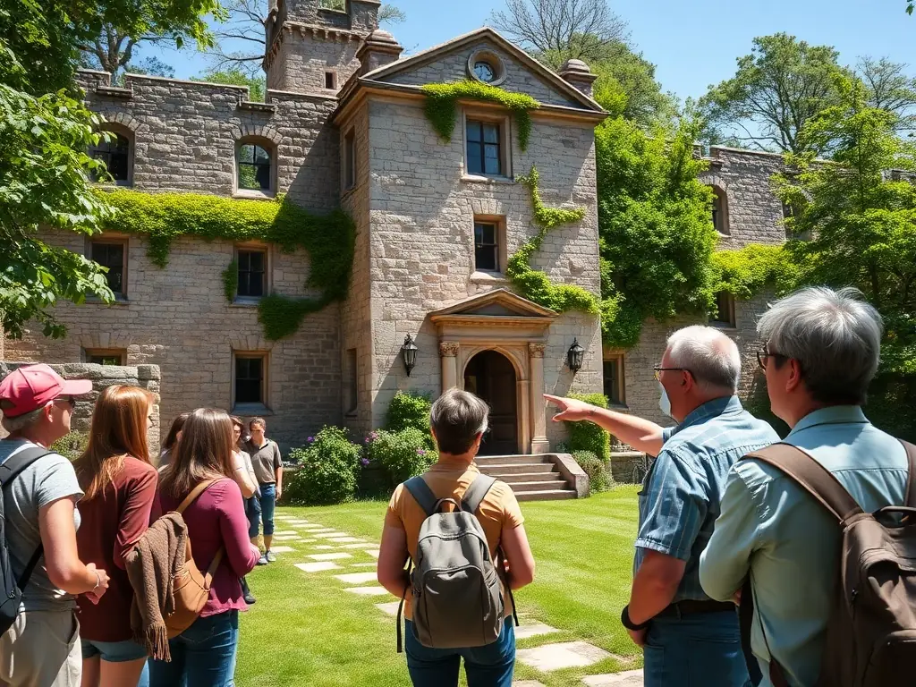 Photo d’une visite guidée avec un historien local devant un ancien moulin, entouré de visiteurs attentifs, dans un paysage verdoyant typique du Berry.