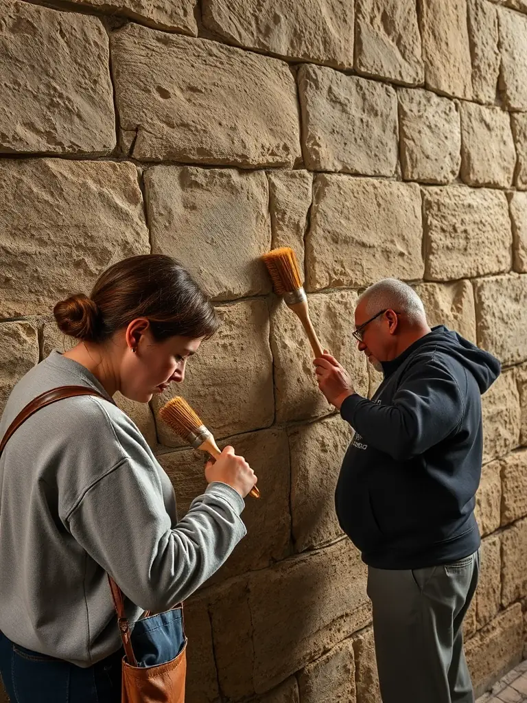 A vibrant photo of volunteers carefully restoring the stone façade of a historic church in Sens-Beaujeu, with scaffolding and restoration tools visible, under a clear sky.