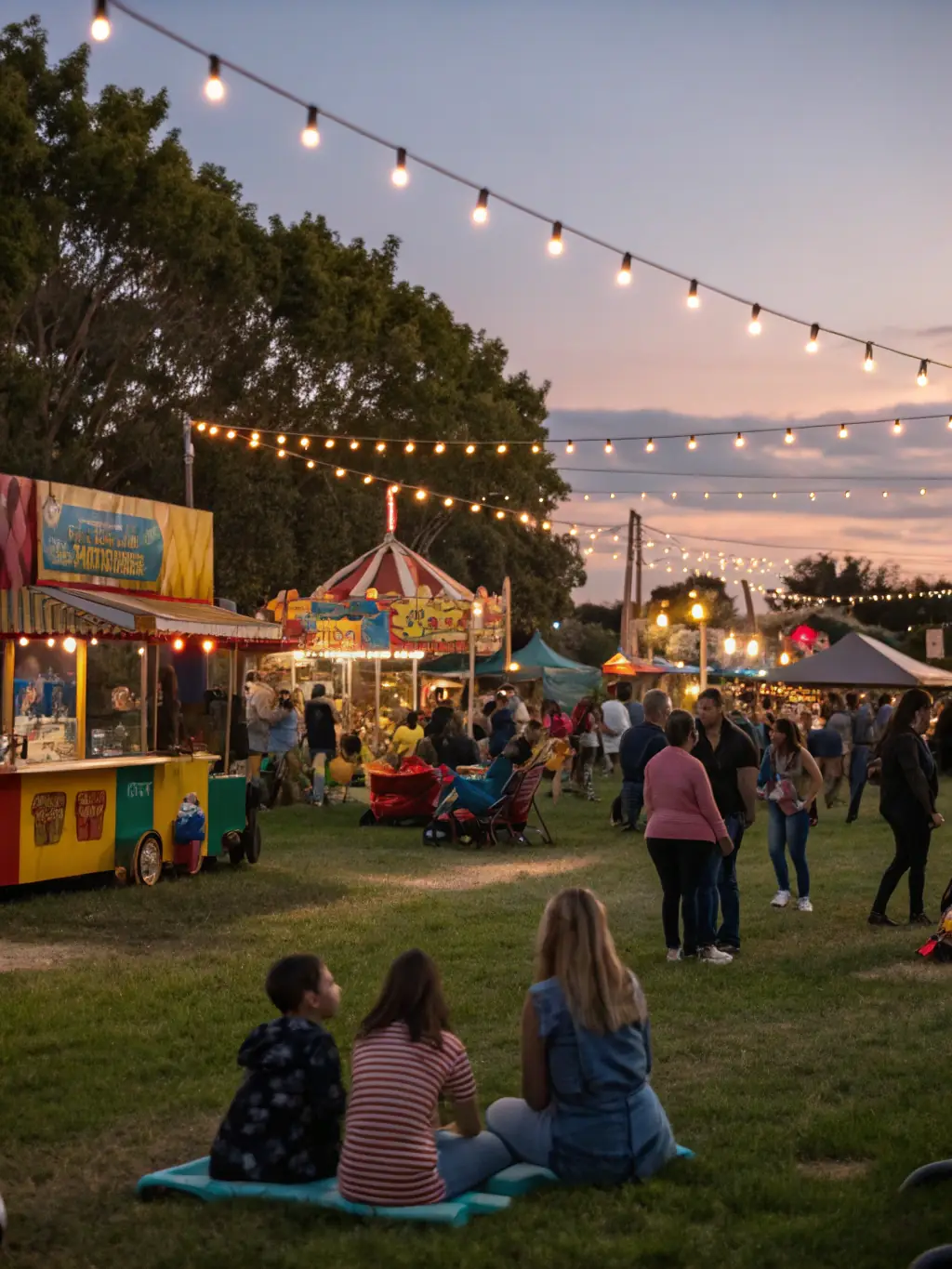 A festive outdoor event with musicians, local artisans, and food stalls set up in front of a restored village building, with community members enjoying the celebration.